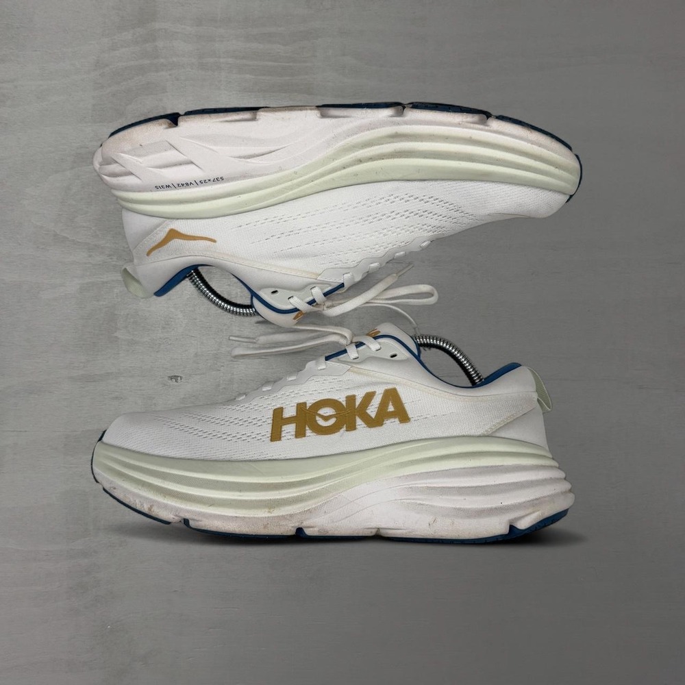 Hoka Bondi 8 Running Shoes White Frost Gold Blue 1123202 FTG Mens 9.5D